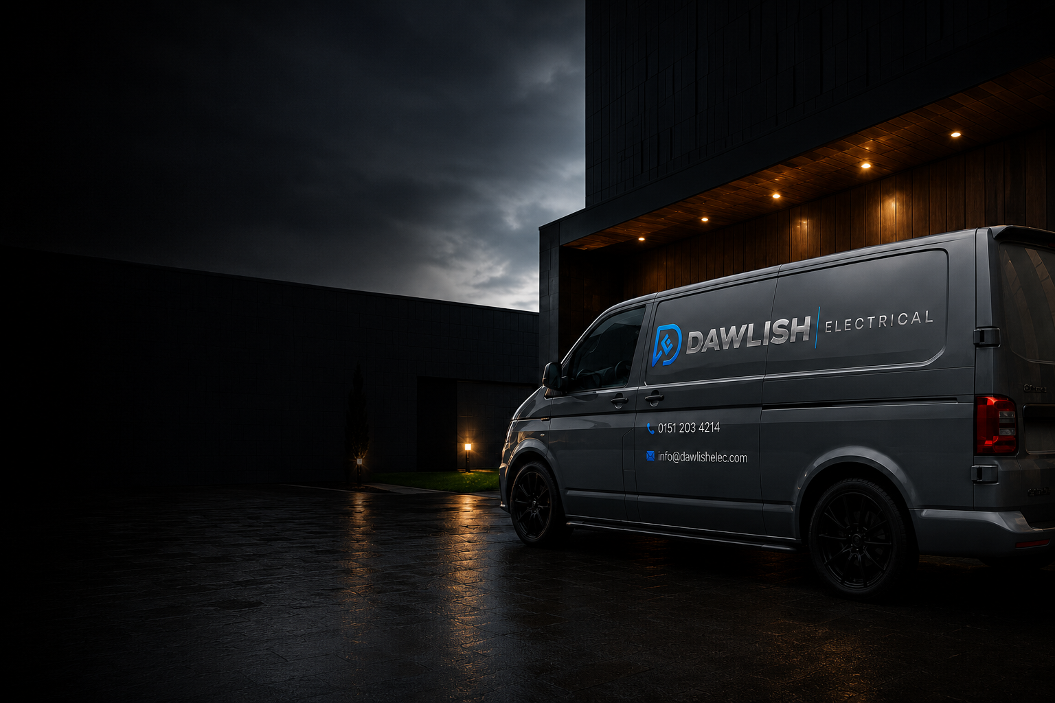 Dawlish Electrical branded grey van outside a modern building at dusk